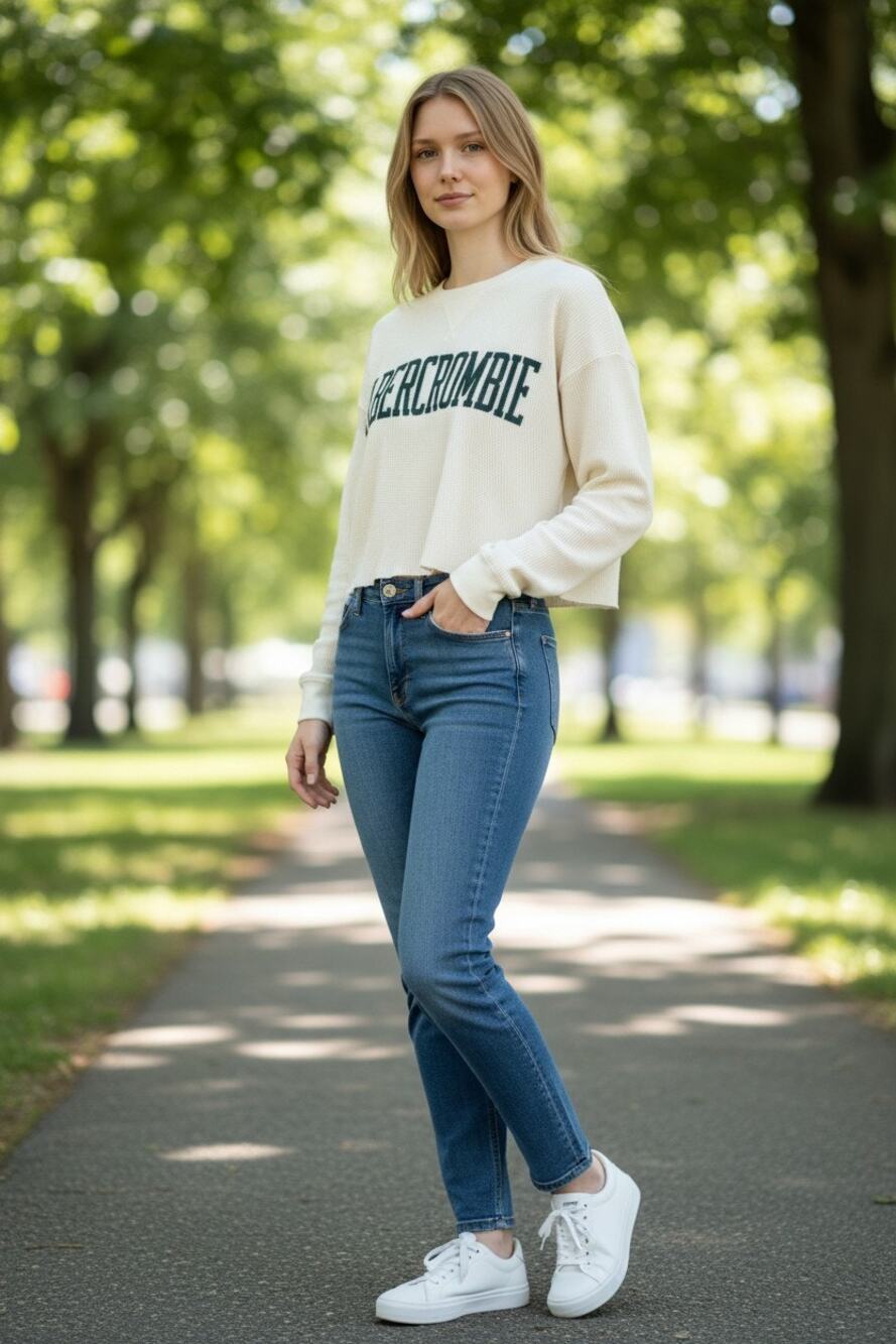 Abercrombie & Fitch Cream Off White Knit Logo Crop Long Sleeve Sweatshirt Sz XS